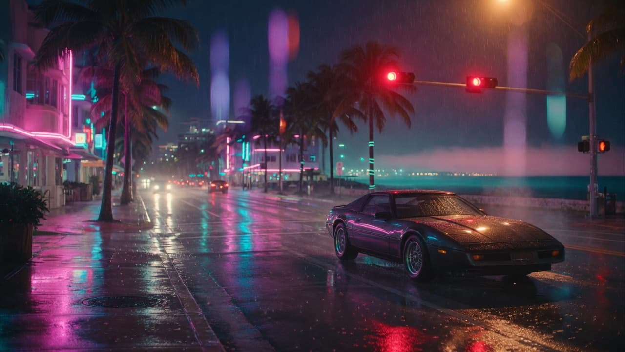 Neon coastal city at night, original BroadbandPicker artwork for Grand Theft Auto VI launch week. Not official Rockstar key art.