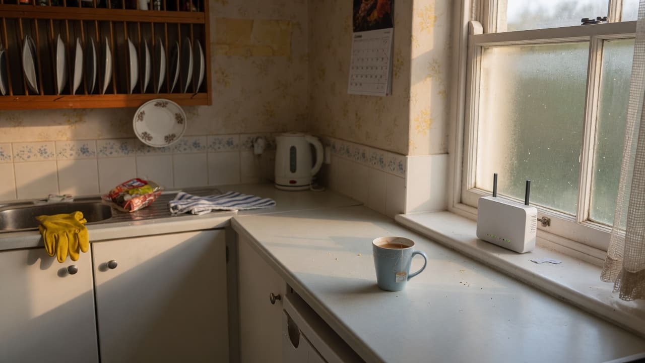 A modest British kitchen with a small home router on the windowsill, original BroadbandPicker artwork.
