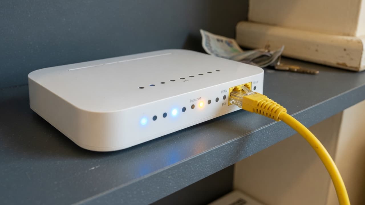 A home router with a yellow Ethernet cable and status lights, original BroadbandPicker artwork.