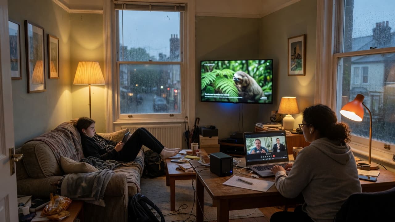A UK living room used as a home office at dusk, with a video call on a laptop, a tablet on the sofa and a television on, original BroadbandPicker artwork.