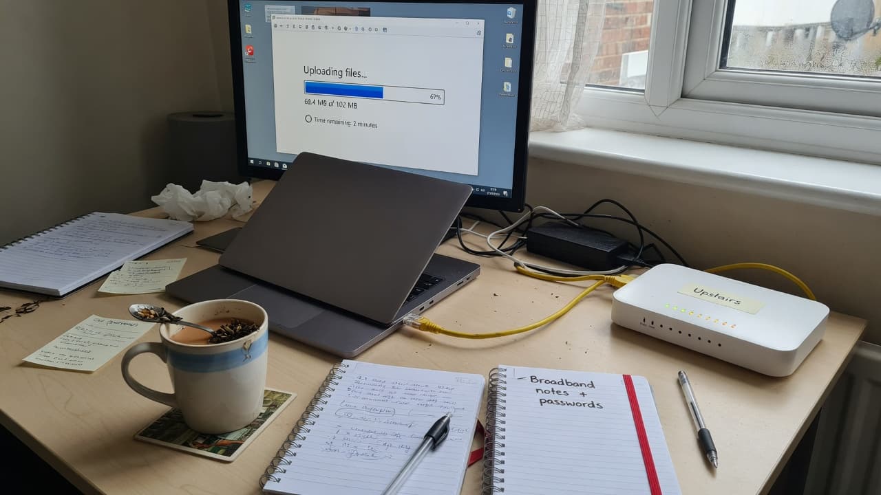 A UK home-office desk with a laptop on Ethernet and a monitor showing a generic file upload, original BroadbandPicker photograph.