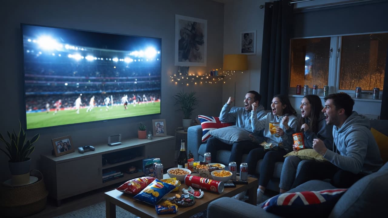Four people on a sofa watching a football match on a large living-room television, original BroadbandPicker artwork. Not official Premier League, Sky or Netflix photography.