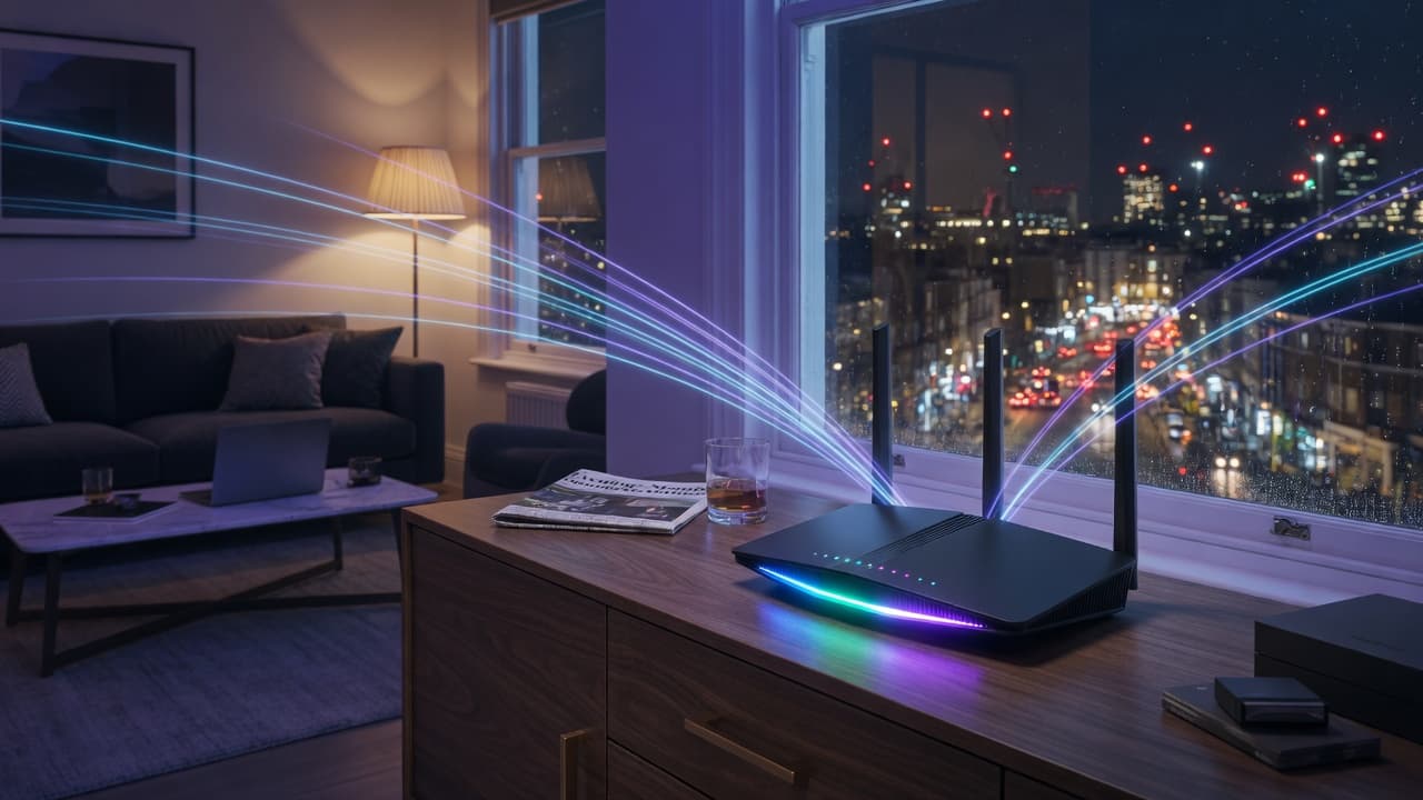 A UK living room at night with a glowing home router, original BroadbandPicker artwork. Not an official Apple or router-brand photograph.