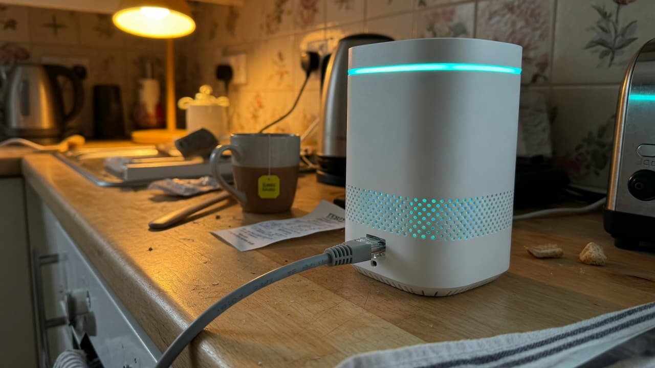 An unbranded home router with a multi-gigabit Ethernet cable, original BroadbandPicker photograph.